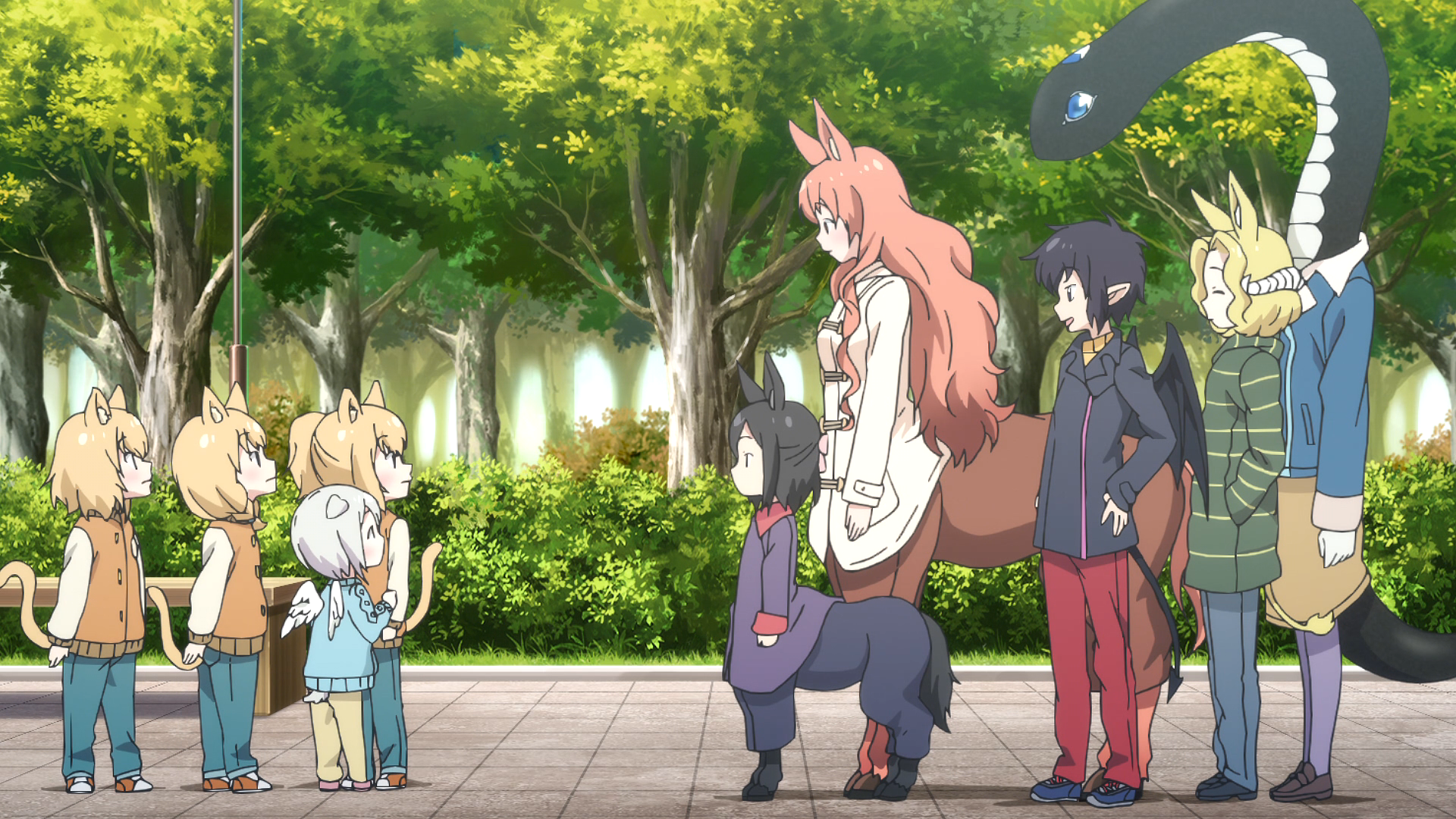 The main cast, including the adorable catgirl triplets